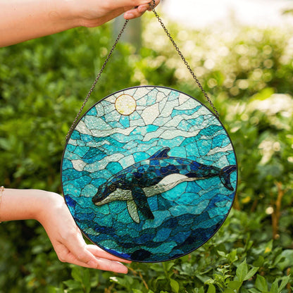 Whale Swimming in Ocean Blue Round Stained Glass Suncatcher Gift for Ocean Lovers