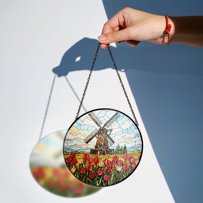 Dutch windmill tulip field stained glass window hanging floral suncatcher gift for mom