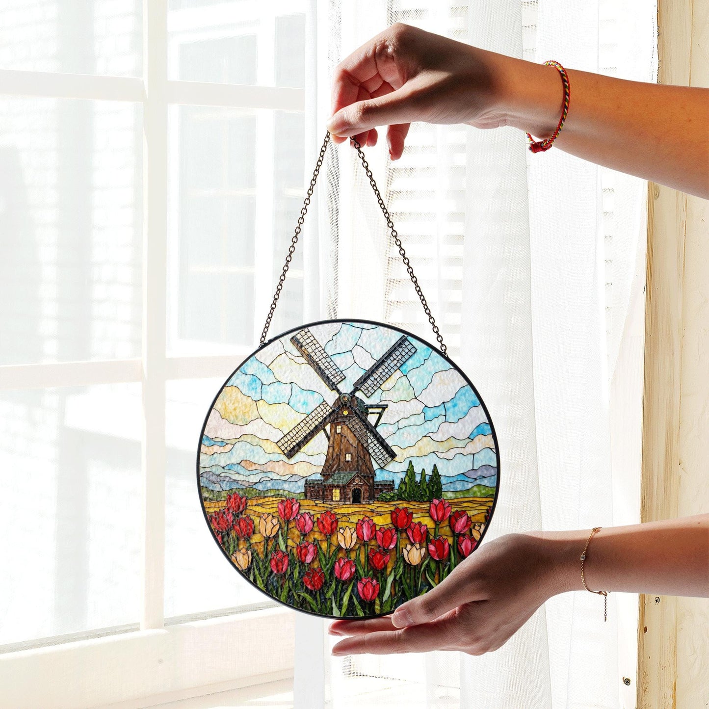 Dutch windmill tulip field stained glass window hanging floral suncatcher gift for mom