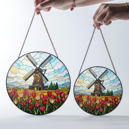 Dutch windmill tulip field stained glass window hanging floral suncatcher gift for mom