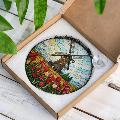 Dutch windmill tulip field stained glass window hanging floral suncatcher gift for mom
