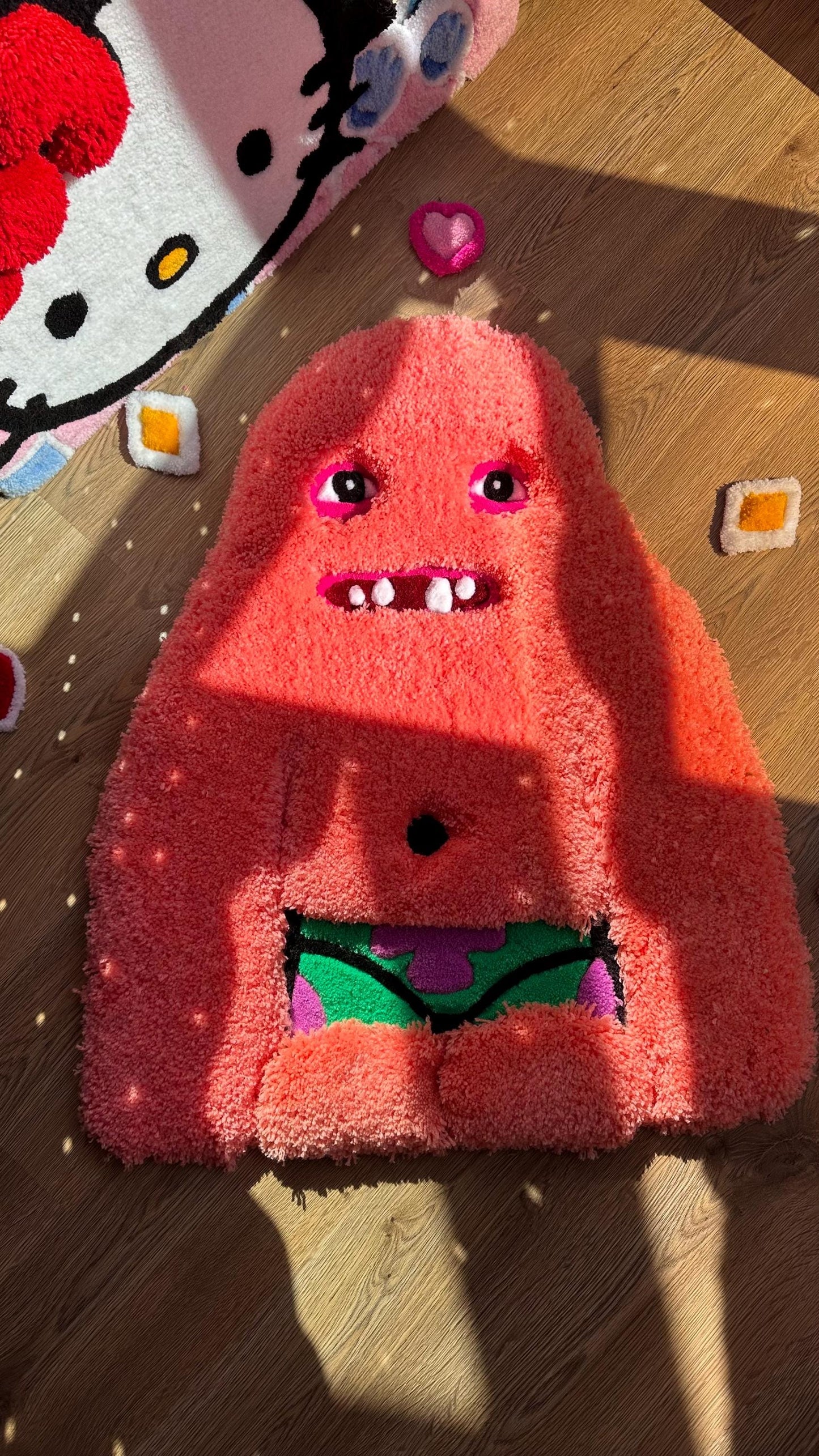 Handmade tufted 3D rug – Orange Puffy Monster design, perfect for home decor