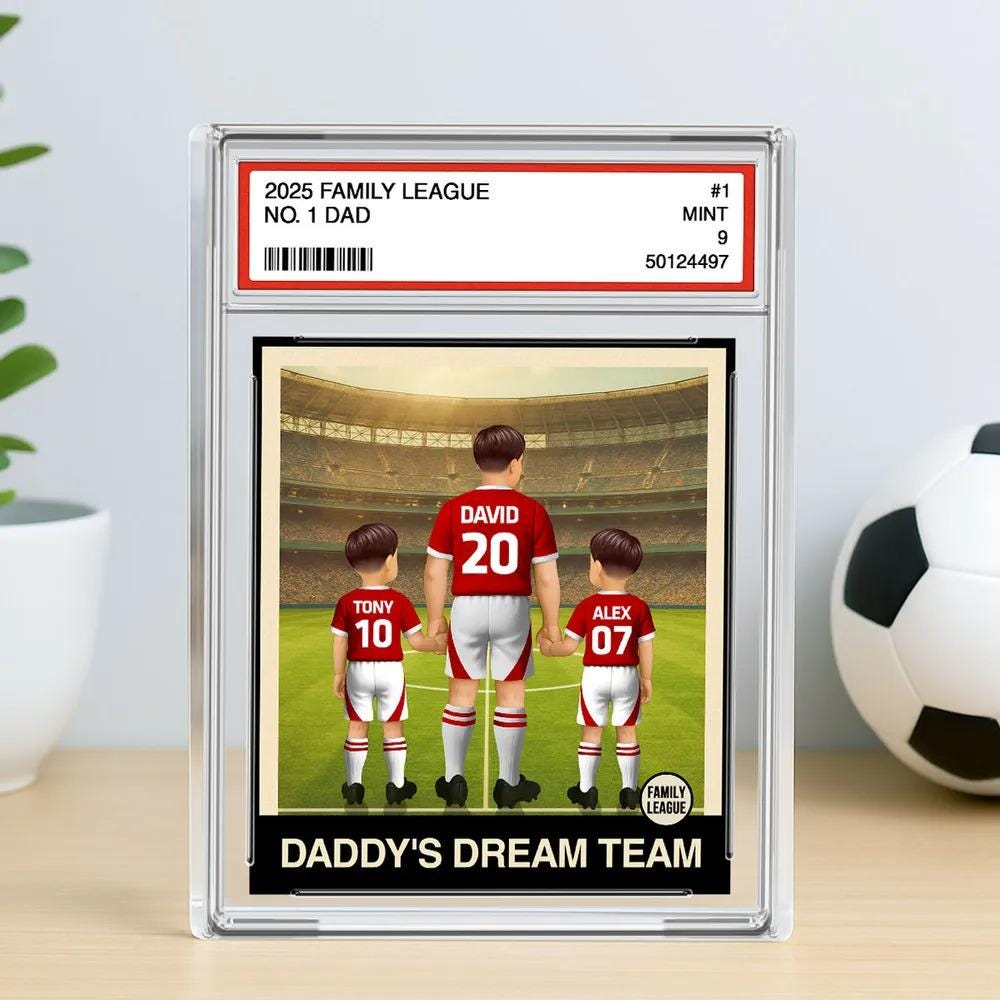 Soccer Daddy's Dream Team No. 1 Dad Man & Kids Trading Card Style Personalized Acrylic Block Plaque, Father's Day, Birthday gift for Dad