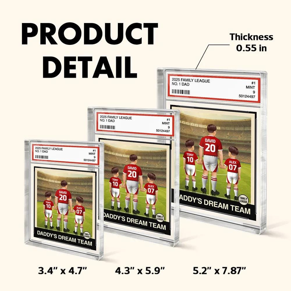 Soccer Daddy's Dream Team No. 1 Dad Man & Kids Trading Card Style Personalized Acrylic Block Plaque, Father's Day, Birthday gift for Dad