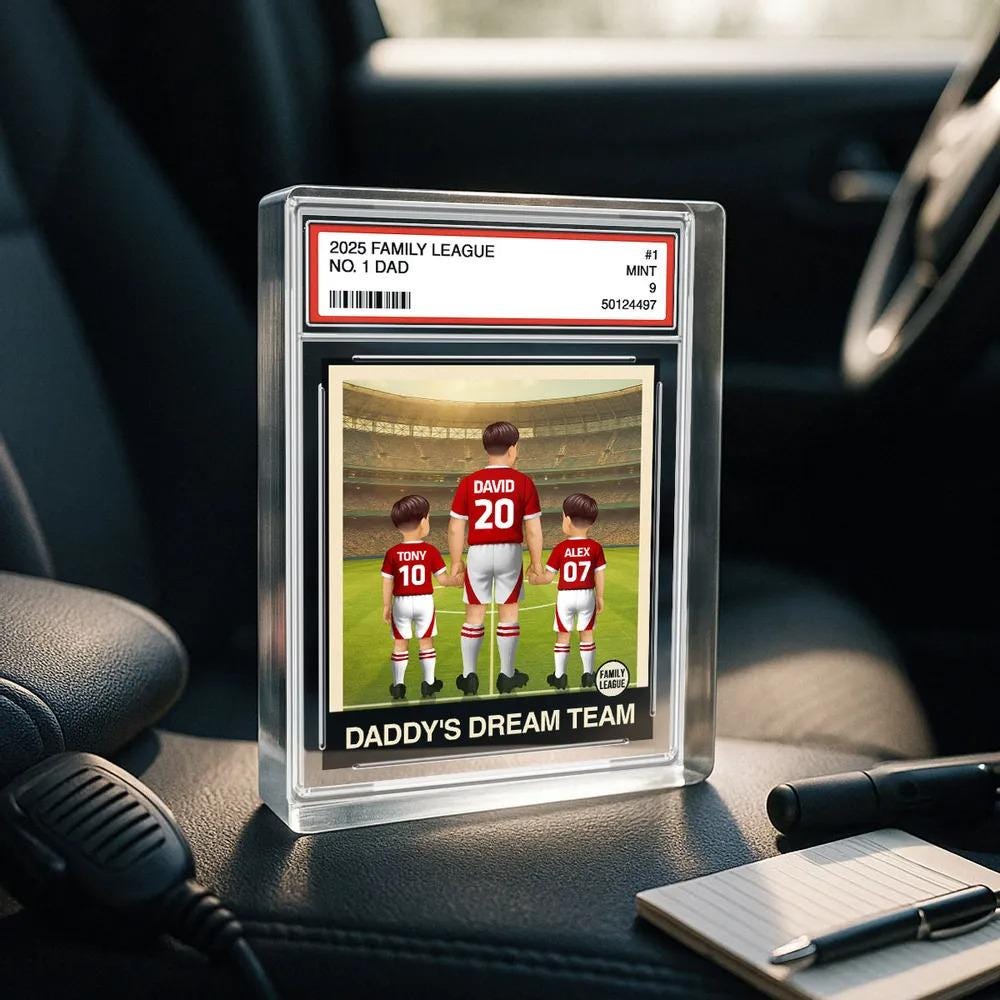 Soccer Daddy's Dream Team No. 1 Dad Man & Kids Trading Card Style Personalized Acrylic Block Plaque, Father's Day, Birthday gift for Dad