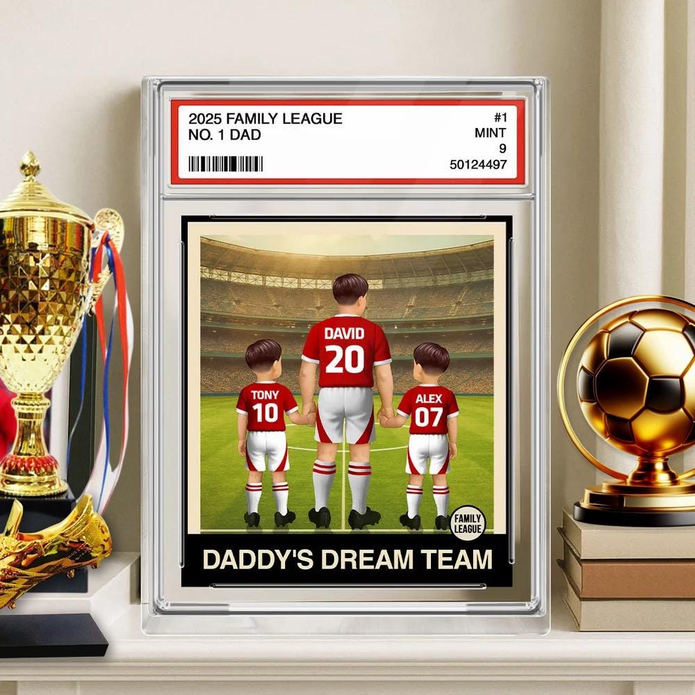Soccer Daddy's Dream Team No. 1 Dad Man & Kids Trading Card Style Personalized Acrylic Block Plaque, Father's Day, Birthday gift for Dad