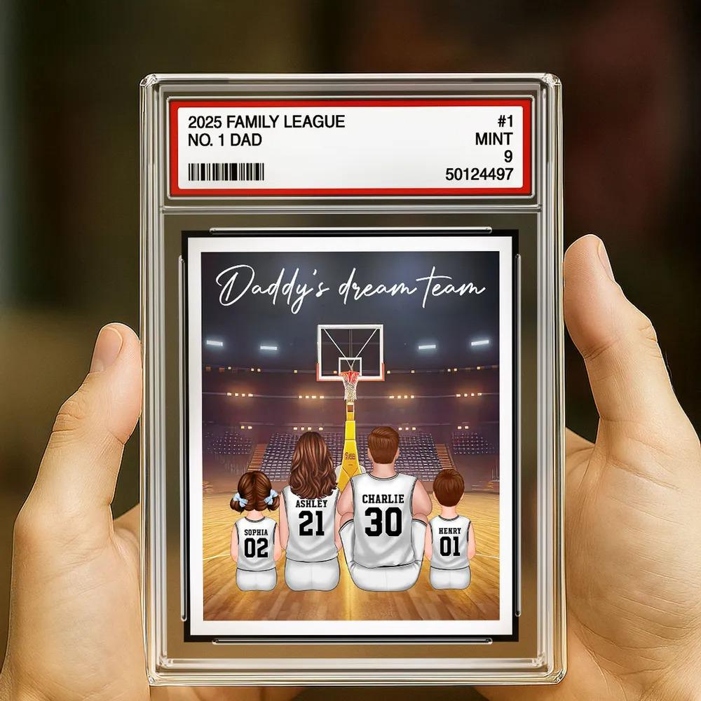 Basketball Daddy's Dream Team No. 1 Dad Man & Kids Sitting Trading Card Style Personalized Acrylic Block Plaque, Father Day Gift for Husband