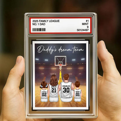 Basketball Daddy's Dream Team No. 1 Dad Man & Kids Sitting Trading Card Style Personalized Acrylic Block Plaque, Father Day Gift for Husband