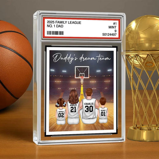 Basketball Daddy's Dream Team No. 1 Dad Man & Kids Sitting Trading Card Style Personalized Acrylic Block Plaque, Father Day Gift for Husband