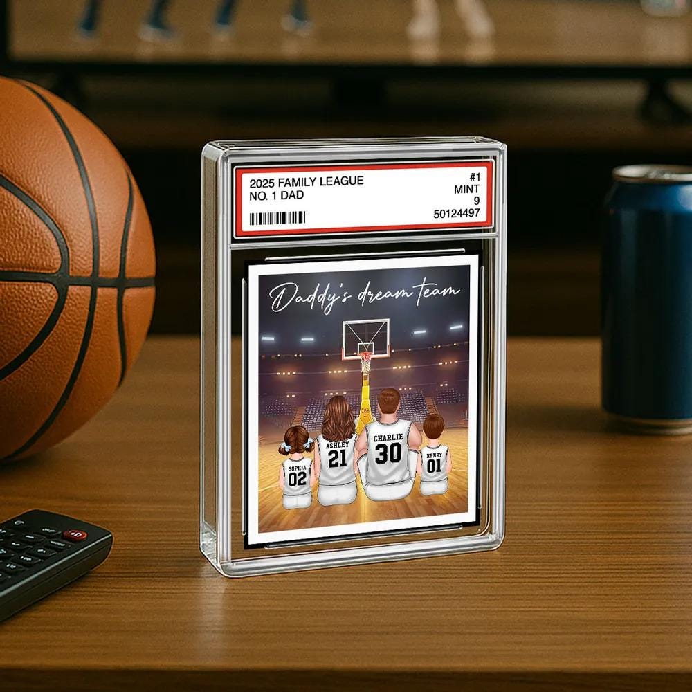 Basketball Daddy's Dream Team No. 1 Dad Man & Kids Sitting Trading Card Style Personalized Acrylic Block Plaque, Father Day Gift for Husband