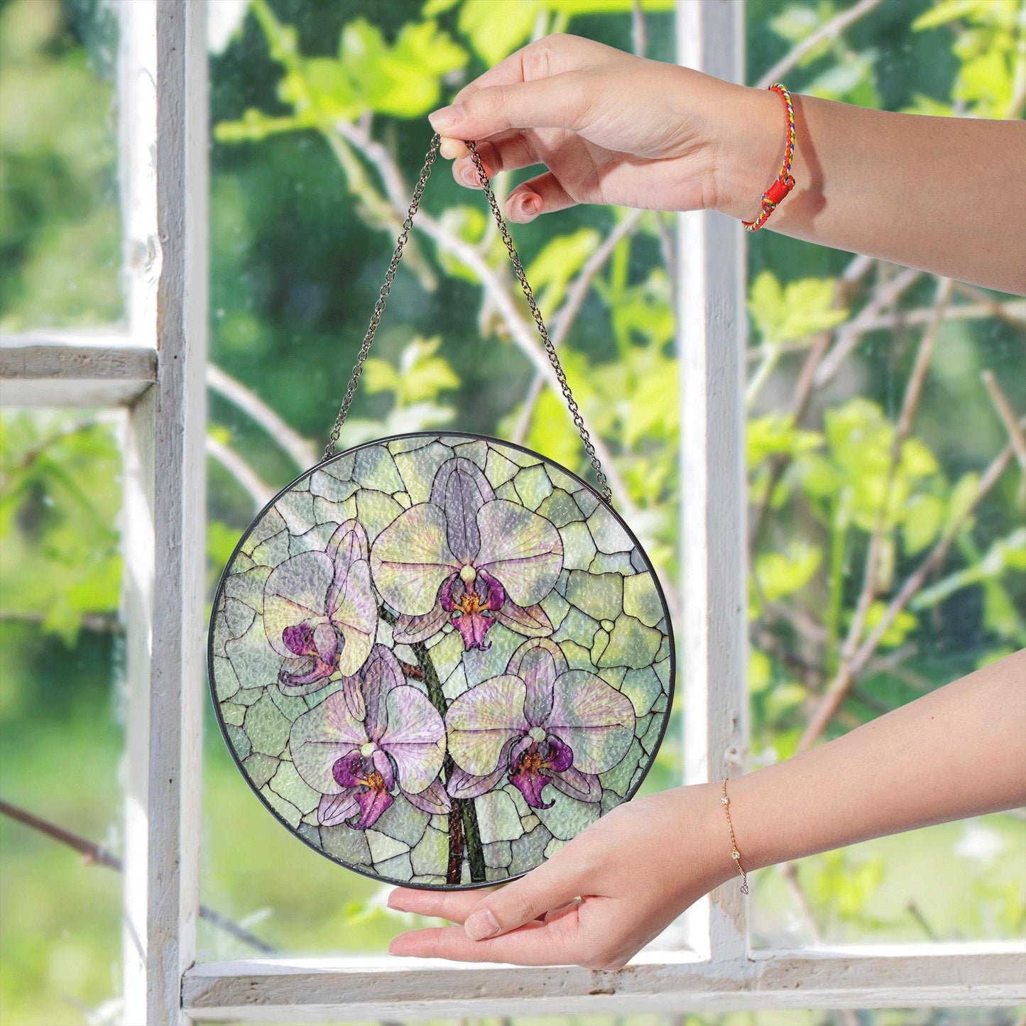 purple orchid flowers stained glass round suncatcher for window hanging gift for mom