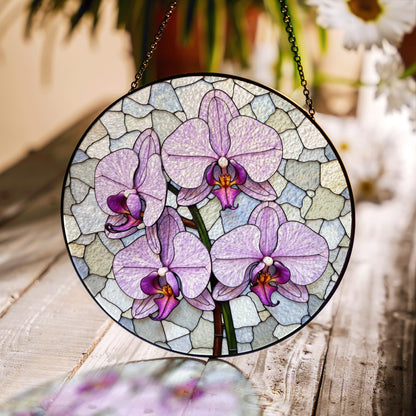 purple orchid flowers stained glass round suncatcher for window hanging gift for mom