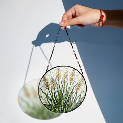 golden wheat field stained glass panel rustic suncatcher window art gift for nature lovers