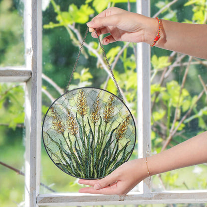 golden wheat field stained glass panel rustic suncatcher window art gift for nature lovers