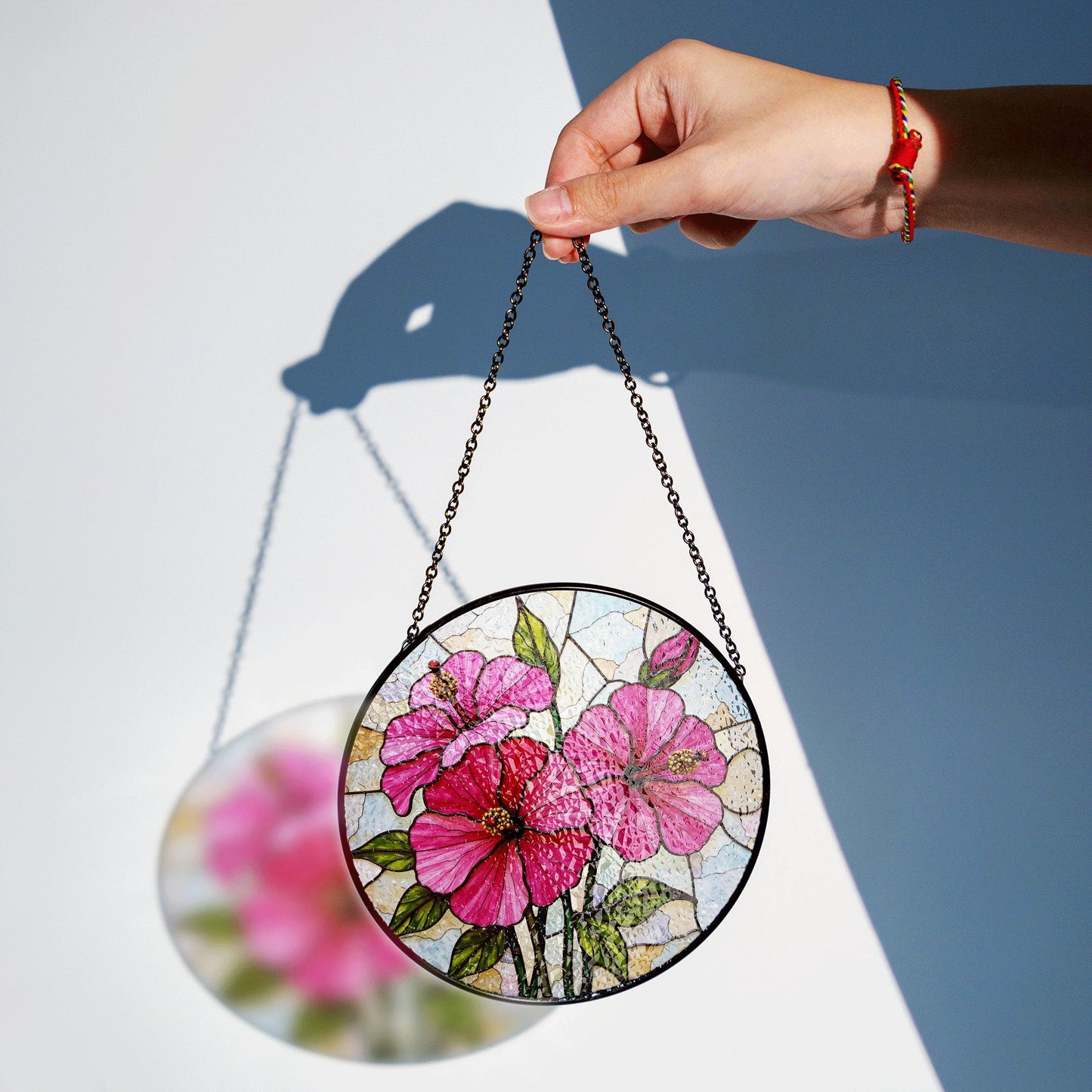 Pink hibiscus floral glass panel round stained suncatcher window decor gift for flower lover