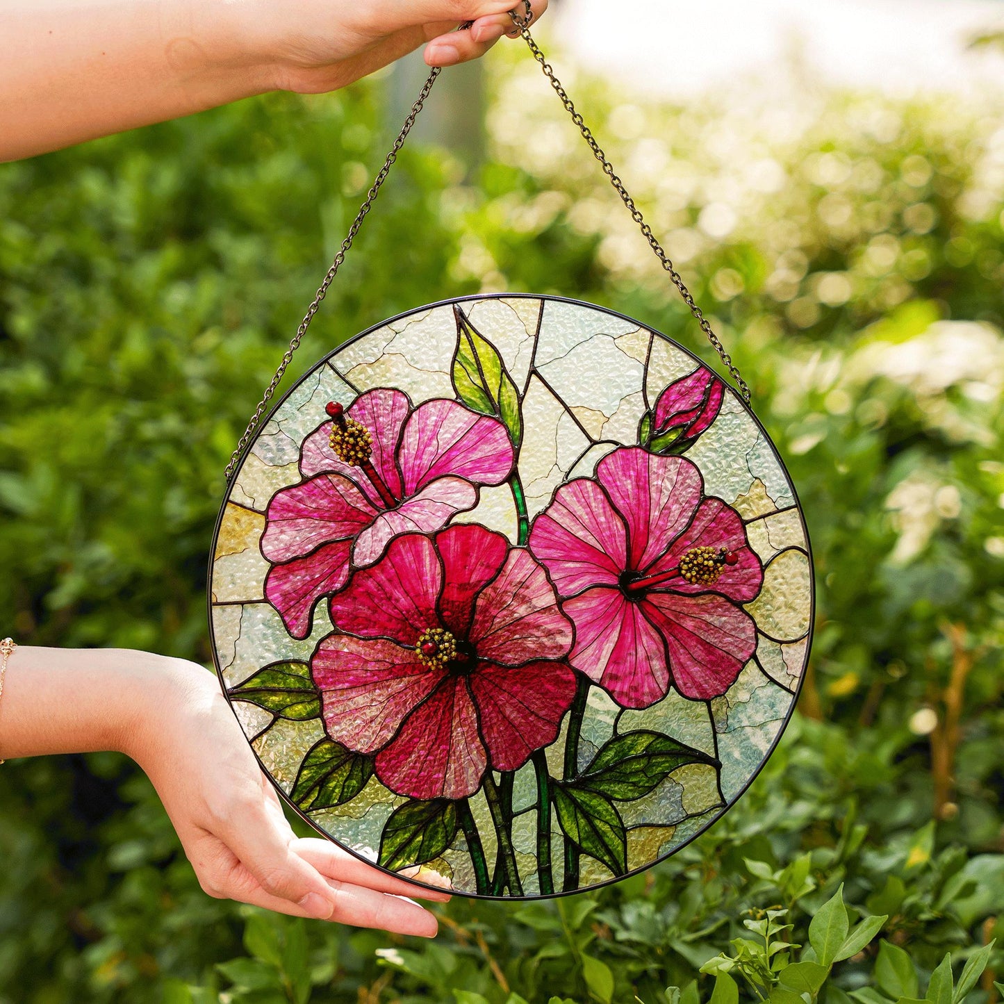 Pink hibiscus floral glass panel round stained suncatcher window decor gift for flower lover