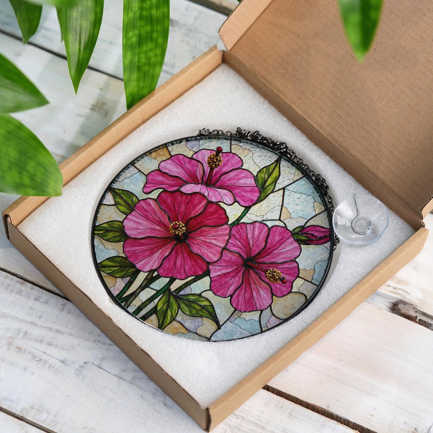 Pink hibiscus floral glass panel round stained suncatcher window decor gift for flower lover