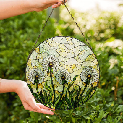 Stained Glass Dandelion Field Round Suncatcher Window Decor Gift for Garden Lover