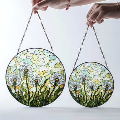 Stained Glass Dandelion Field Round Suncatcher Window Decor Gift for Garden Lover