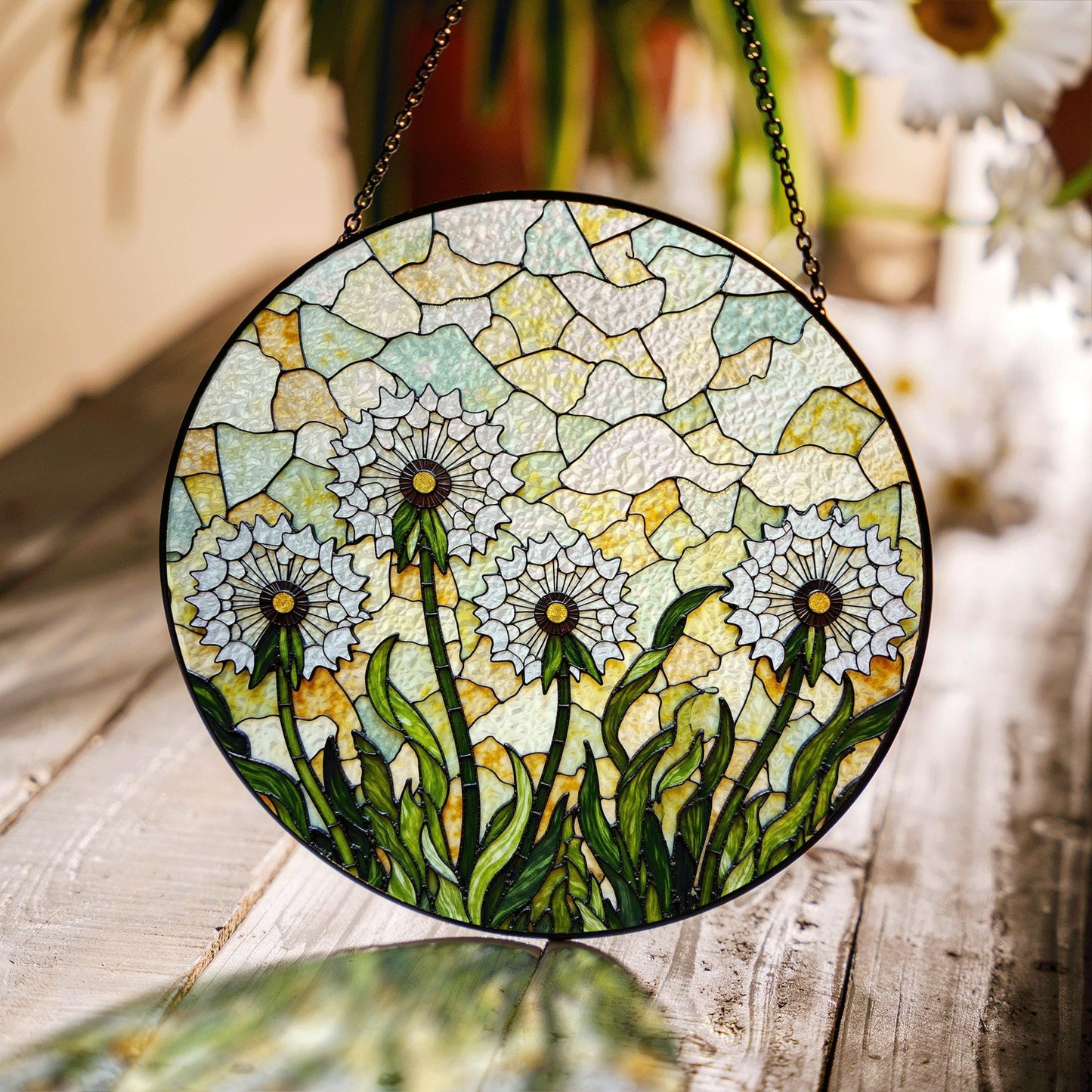 Stained Glass Dandelion Field Round Suncatcher Window Decor Gift for Garden Lover