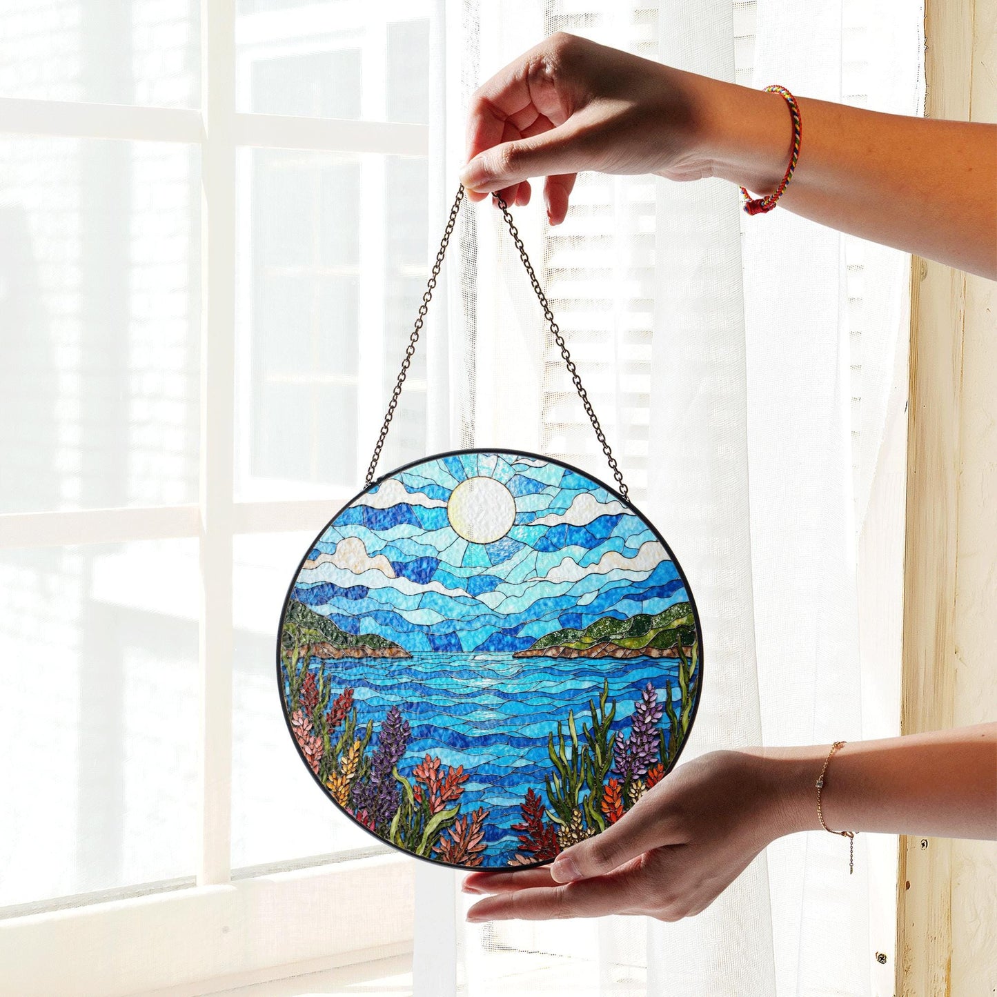 moonlit lake view stained glass window suncatcher mountain landscape art gift for mom