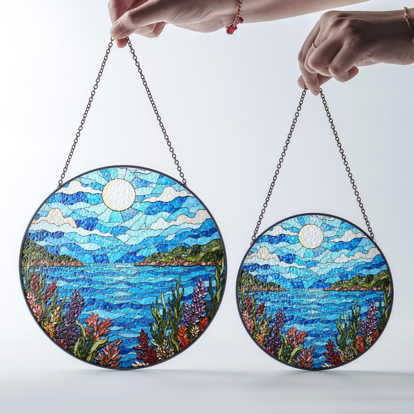 moonlit lake view stained glass window suncatcher mountain landscape art gift for mom