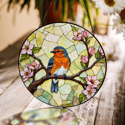 Bluebird on blooming branch round glass suncatcher nature window decor gift for mom
