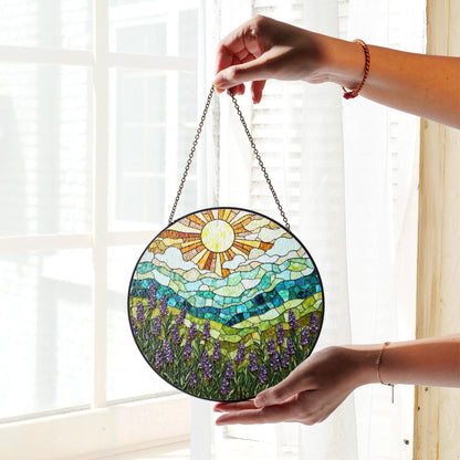 Lavender Field Mountain View Stained Glass Suncatcher Window Art Gift for Nature Lover
