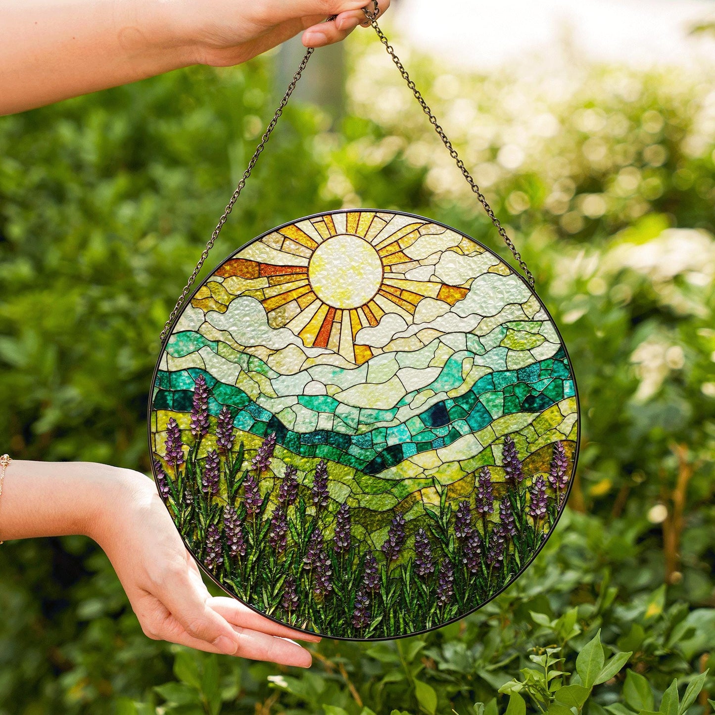 Lavender Field Mountain View Stained Glass Suncatcher Window Art Gift for Nature Lover