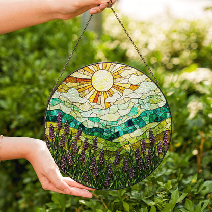 Lavender Field Mountain View Stained Glass Suncatcher Window Art Gift for Nature Lover