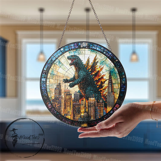 Godzila Stained Glass Hanging – Unique Godzila Art, Stained Glass Godzila Decoration, Window Lover's Gift, Home or Office Hanging Decor