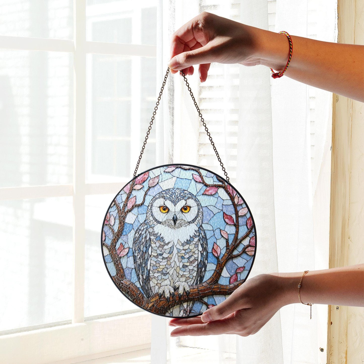 Stained Glass Owl Tree Branch Suncatcher Window Hanging Nature Decor Gift for Bird Lover