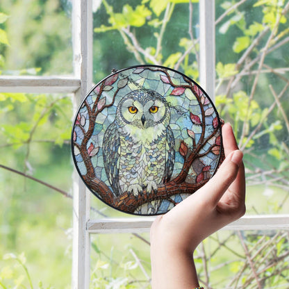 Stained Glass Owl Tree Branch Suncatcher Window Hanging Nature Decor Gift for Bird Lover