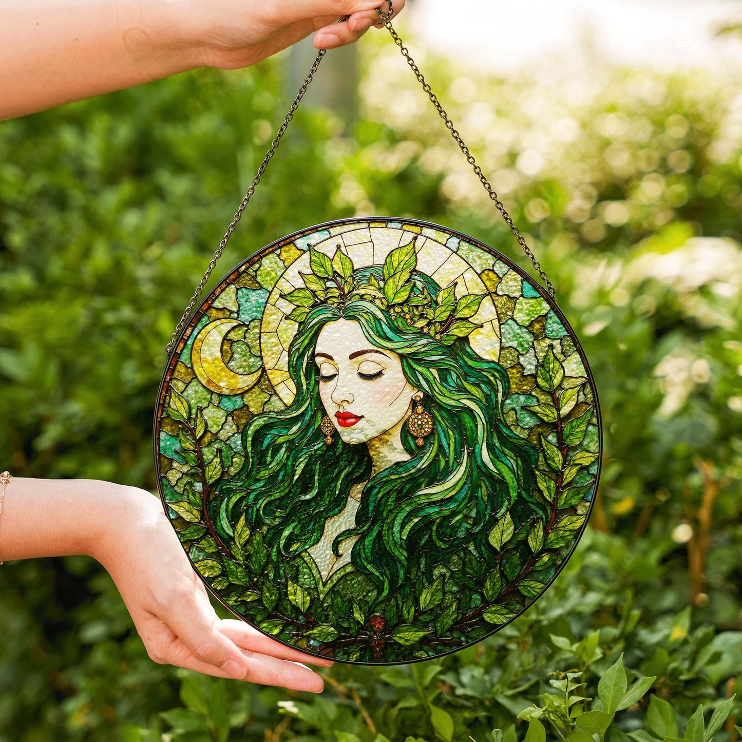 Green Leaf Goddess Suncatcher Stained Glass Forest Fairy Window Art Gift for Nature Lover Mom