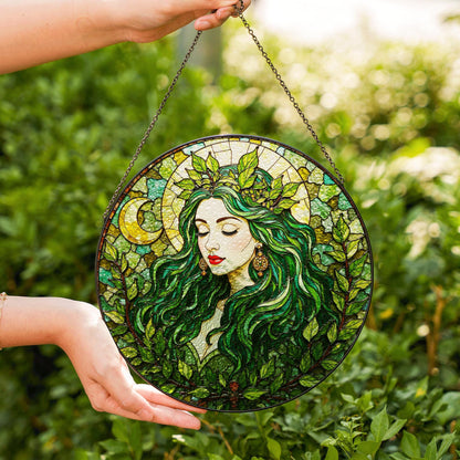Green Leaf Goddess Suncatcher Stained Glass Forest Fairy Window Art Gift for Nature Lover Mom