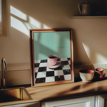 Retro Coffee Print: Checkerboard Table, Minimalist Kitchen Art
