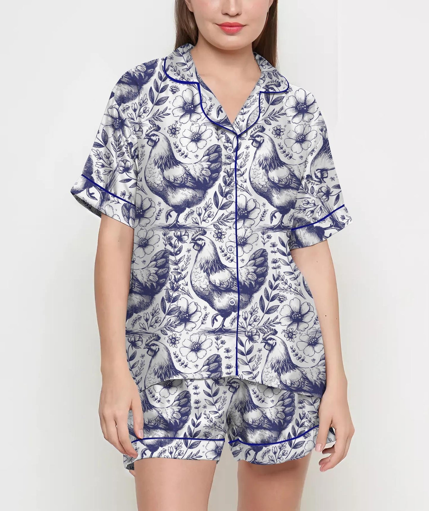 Coquette Chicken Floral Pajamas Satin Set, Mother's Day Gift, Gift For Her, Gift For Mama, Birthday Gift, Bridesmaid Gifts Women