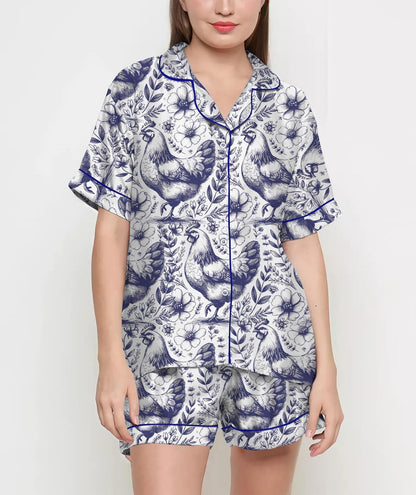 Coquette Chicken Floral Pajamas Satin Set, Mother's Day Gift, Gift For Her, Gift For Mama, Birthday Gift, Bridesmaid Gifts Women