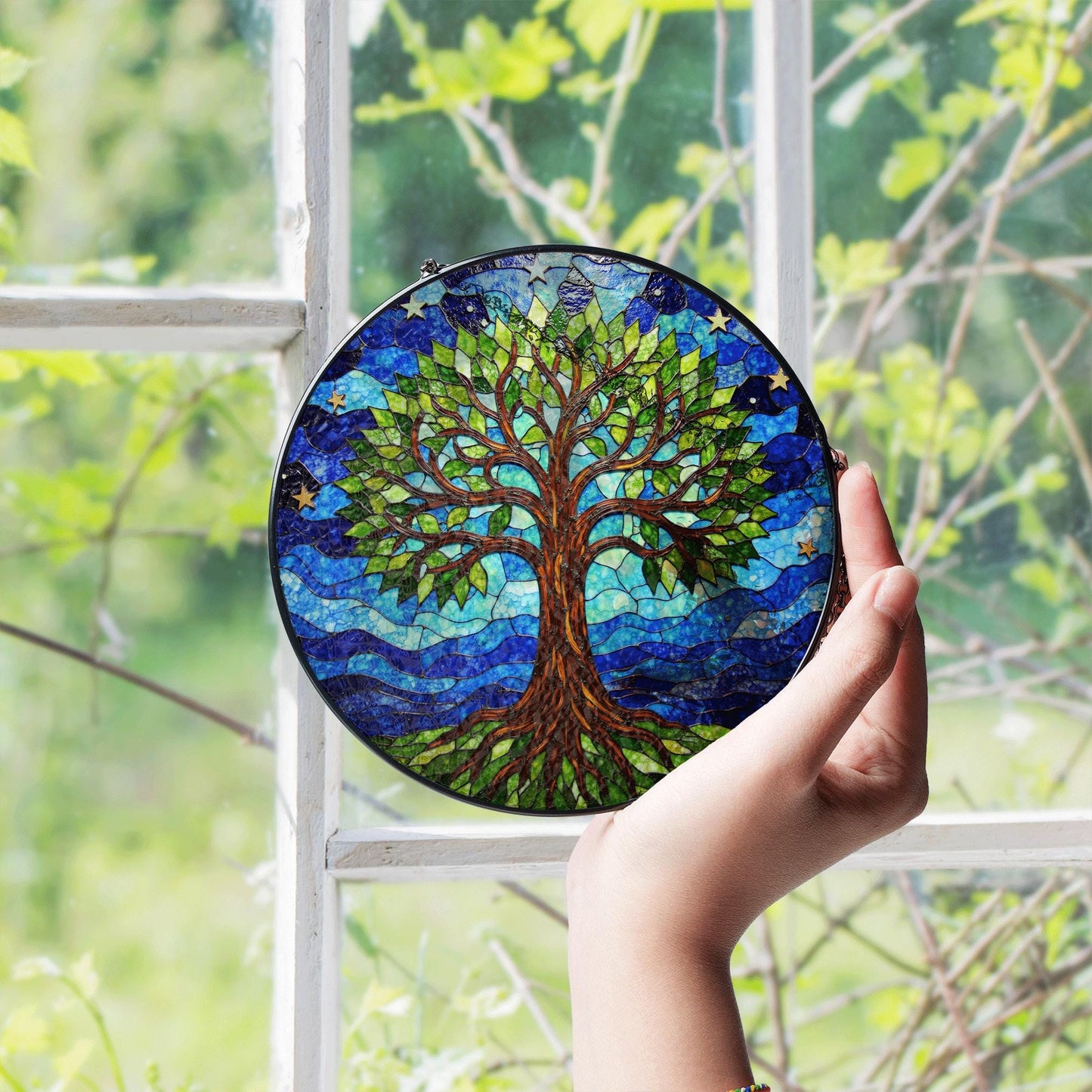 Tree of Life stained glass round suncatcher window hanging gift for nature lovers and spiritual souls