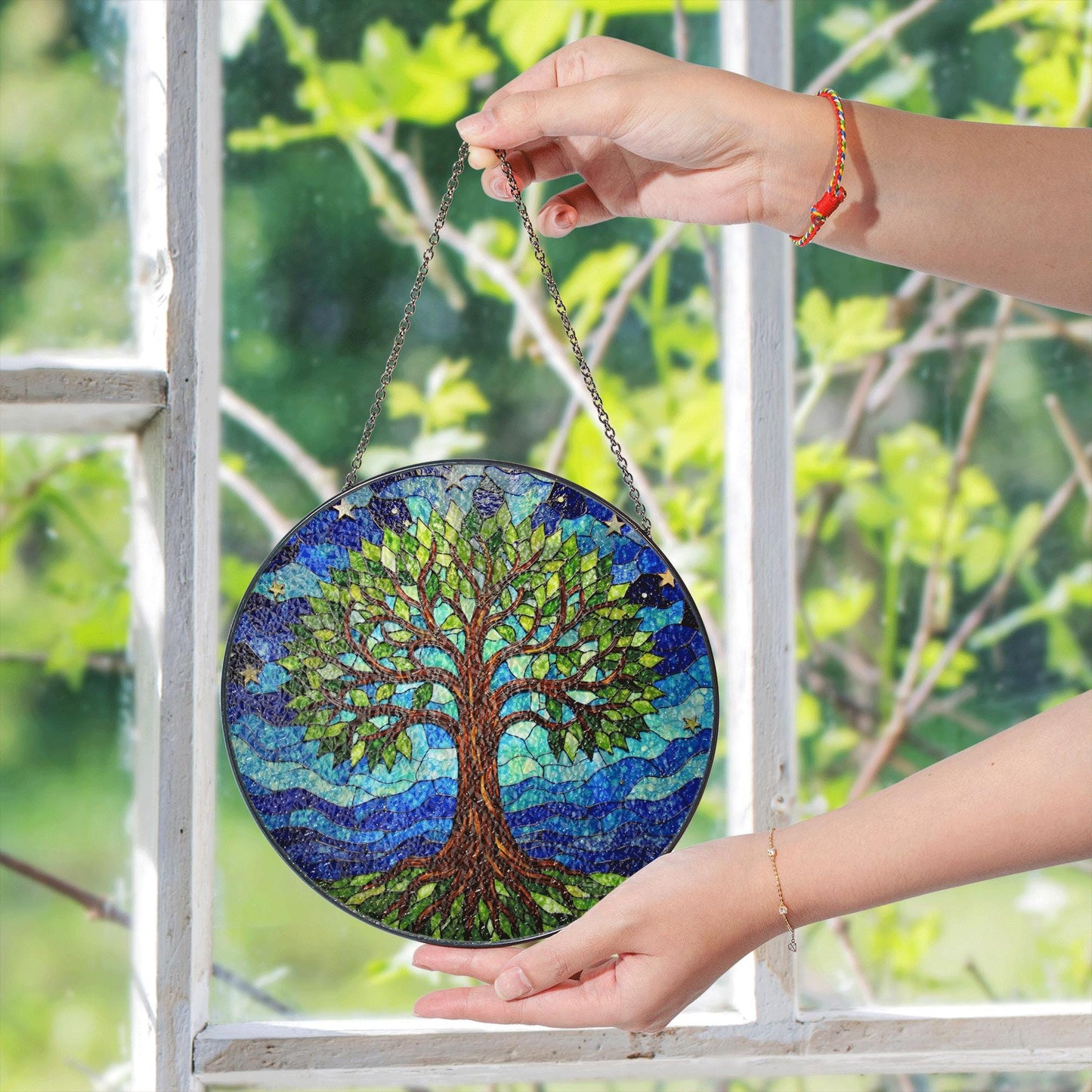 Tree of Life stained glass round suncatcher window hanging gift for nature lovers and spiritual souls