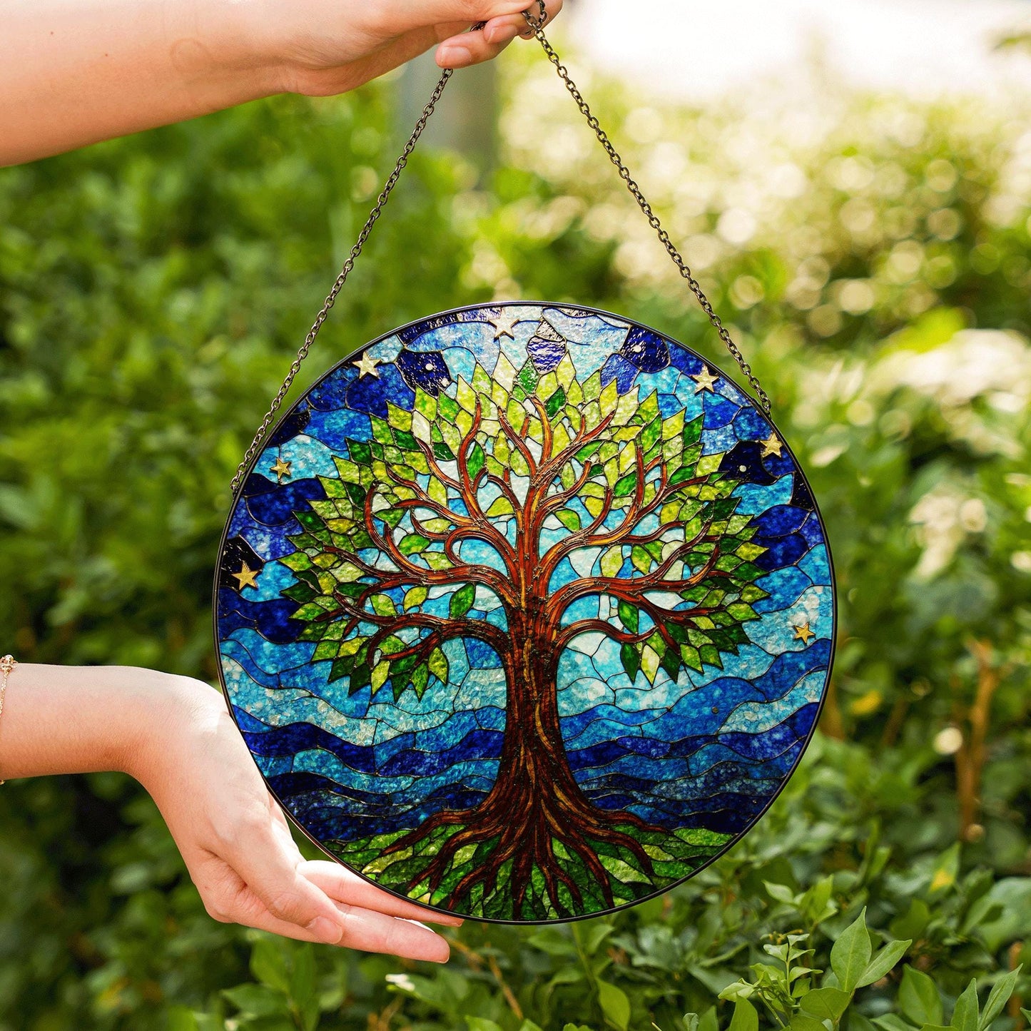 Tree of Life stained glass round suncatcher window hanging gift for nature lovers and spiritual souls