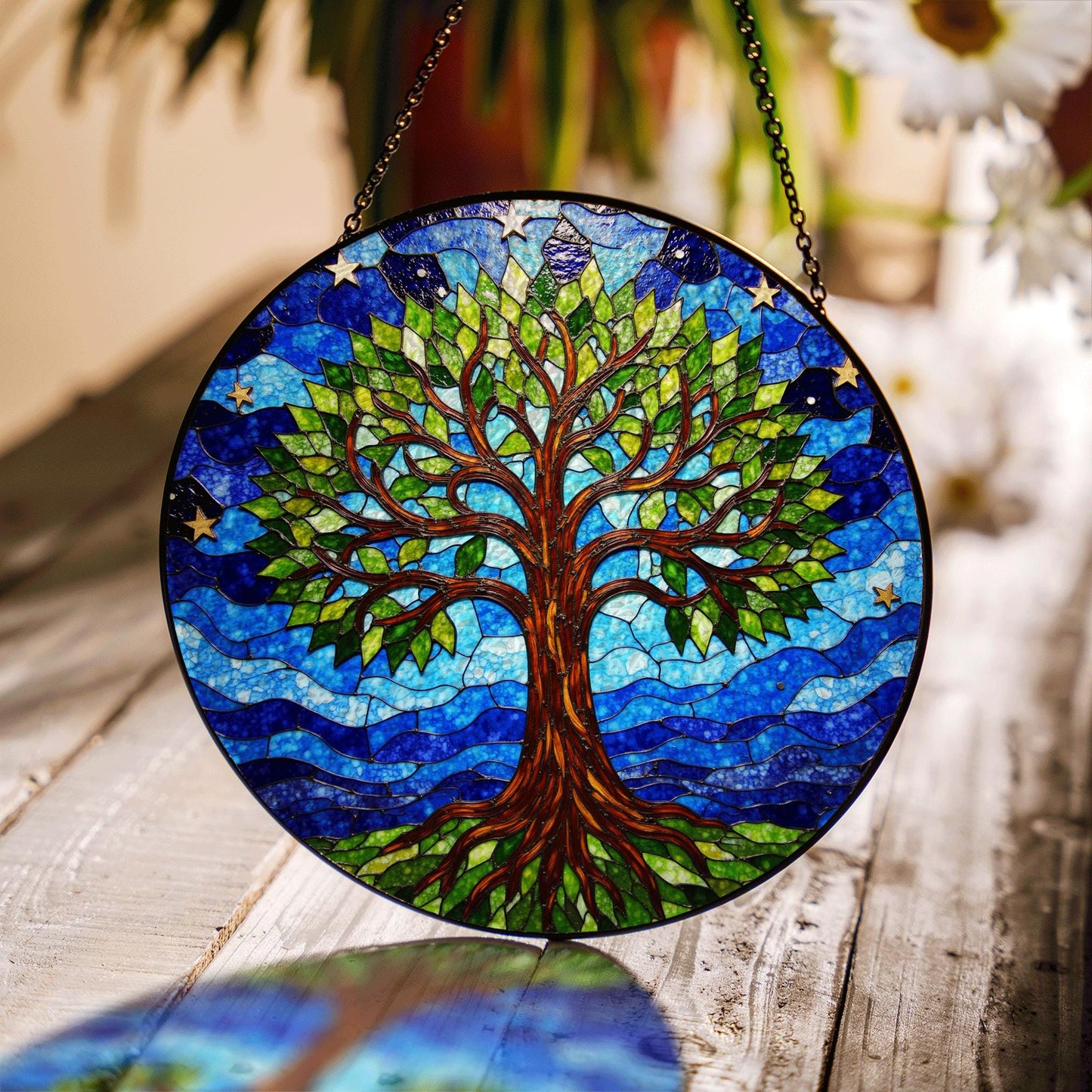 Tree of Life stained glass round suncatcher window hanging gift for nature lovers and spiritual souls