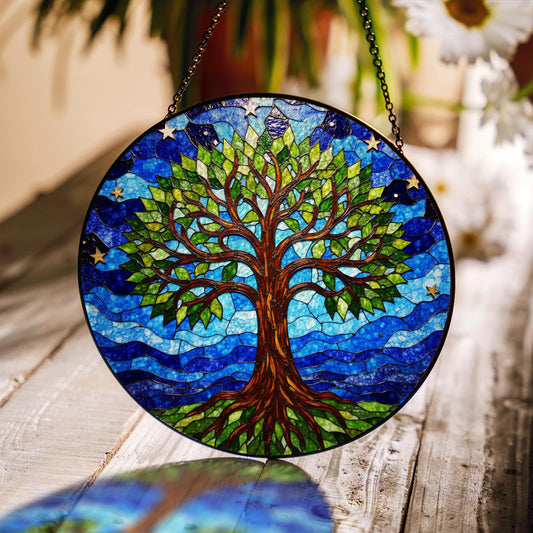 Tree of Life stained glass round suncatcher window hanging gift for nature lovers and spiritual souls