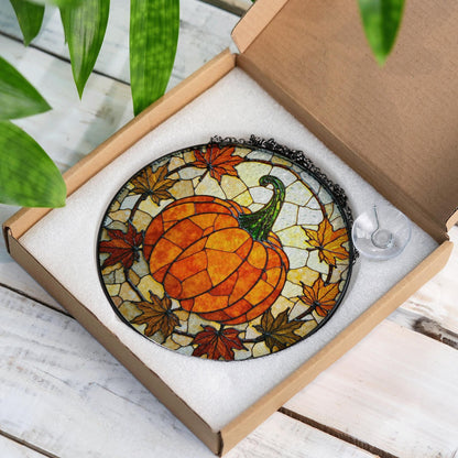 Autumn pumpkin leaves stained glass suncatcher fall window decor gift for mom or friend