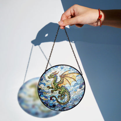 Emerald dragon in flight stained glass suncatcher fantasy window art gift for dragon fan