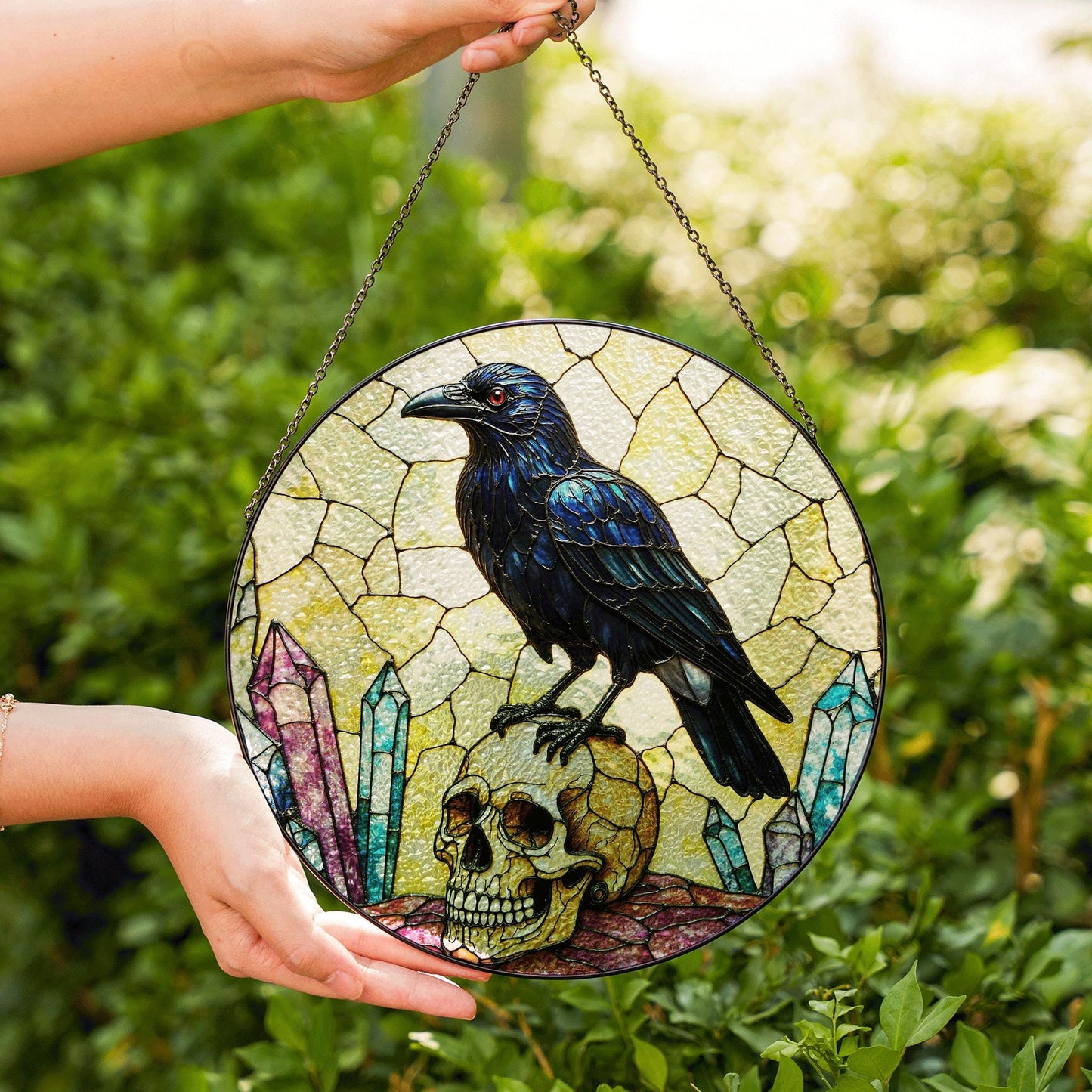 Raven on Skull Crystal Window Round Gothic Suncatcher Spiritual Decor Gift for Him