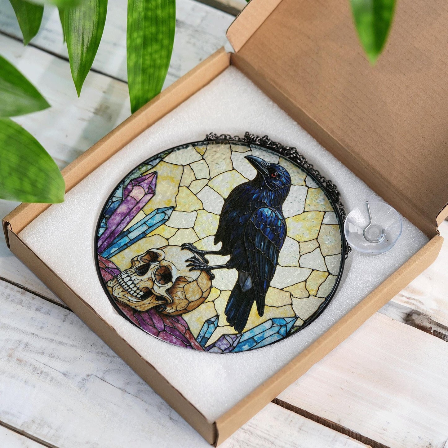 Raven on Skull Crystal Window Round Gothic Suncatcher Spiritual Decor Gift for Him