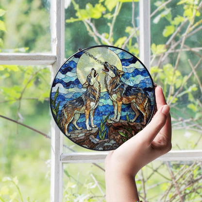 Howling wolves under full moon stained glass suncatcher nature window art gift for wildlife lovers