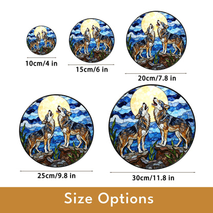 Howling wolves under full moon stained glass suncatcher nature window art gift for wildlife lovers