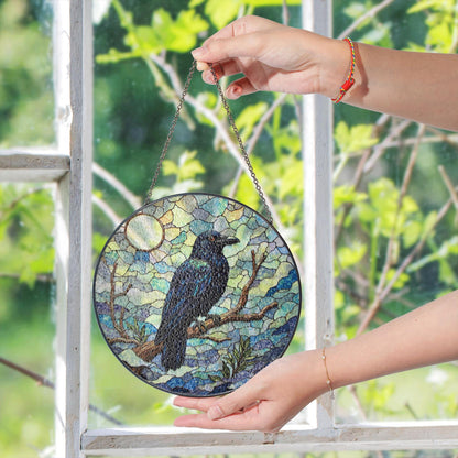 raven on branch in mosaic forest stained glass suncatcher gift for nature lovers